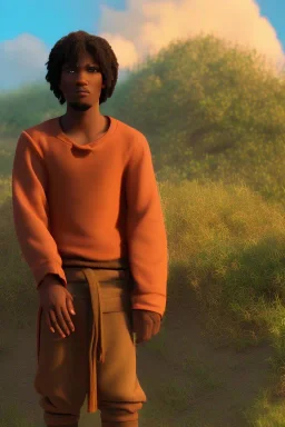 3D render of a cyberpunk tribal young black man, black hair, hooded, on a orange dune background, digital art