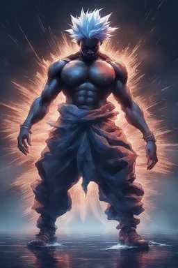 ultra instinct super saiyan Kanye West , Full body, night sky, rain, hyperdetailed , luminism, art by Carne Griffiths and Wadim Kashin concept art, 4k resolution, fractal isometrics details bioluminescens , 3d render, octane render, intricately detailed , cinematic, trending on arts tation Isometric Centered hype reallistic cover photo awesome full color, hand drawn , gritty , intricate, hit definition