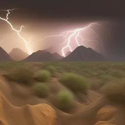 desert, storming, lightning, monsoon, mountains, landscape, hyperrealisme, sharp focus