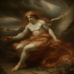 A pale red angelic fairy realm in a thunderstorm painted by Leonardo da Vinci