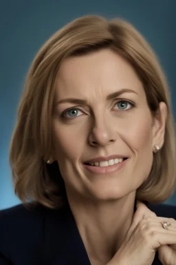 Powerful classical portrait of a modern brunette politician in her late 40s wearing a blue top