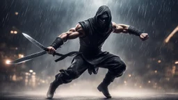 Hyper Realistic muscular-masked-ninja-warrior jumping & training with his swords in a dark-heavy-rainy-night