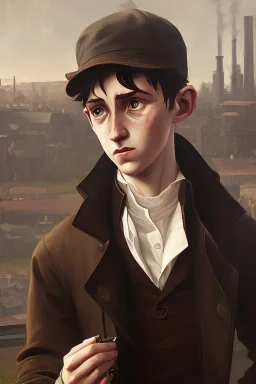 old oil painting of oliver twist, realistic detail, factory in background, crying boy, oil on face, 1890 clothes