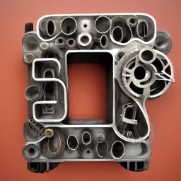 The capital letter P from the alphabet, constructed from machine parts, steampunk-style