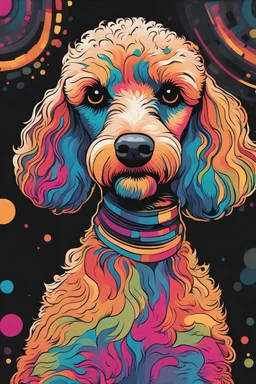 A striking digital artwork features a vibrant Poodle dog in a vector illustration style. The dog captivates with its colorful presence against a sleek black background. The artist skillfully chooses a suitable color palette to enhance the overall impact, resulting in a visually stunning phone wallpaper. The image showcases intricate details, including the dog's expressive eyes, glossy fur, and the play of light and shadows on its graceful form. This high-quality illustration exemplifies the arti