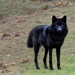 Black wolf, red in ears, red on snout