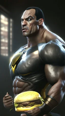 black adam fat, eat burger, ultra realistic, 4k, ultra detail, full body