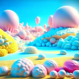 detailed peaceful landscape made of frosting, cotton candy, ice cream, strong texture, extreme detail, octane render