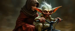 master oil painting by Rembrandt, scary ai sami gremlin woman loab on trike, motion blur background
