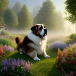 pixar style, volumetric summer garden environment and background, realistic painting of saint Bernard, looking excited, volumetric lighting, dramatic lighting, detailed digital painting, extreme dense and fine fur, anime, ornate, colour-washed colors, elegant, small minutiae, tiny features, particulars, centered, smooth, sharp focus, renderman gofur render, 8k, uhd, detailed eyes, realistic shaded volumetric lighting, sunlight caustics, backlight, centered camera view