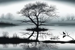 Illustration of a lonely dark tree with barren branches stands on a water's edge, reflected in the water, fog, crows on the sky, mystical landscape, sinister mood, line art