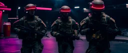 War Film but instead of U.S.A. soldiers it's McDonalds soldiers, Cocola Brand Military Drones, cinematic, Fuji Film, Anamorphic lens, 2040s, deep depth of field, in a Cyber punk WW3 film