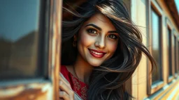 Hyper Realistic Photographic Close View Of A Beautiful Pakistani Pashto Young Woman Peeking Outside From A Traditional Pakistani Buss's Window, Woman Is Smiling, Have Beautiful Eyes & Beautiful Long Black Hair Whirling From Outside Window (Wearing Red Dress With Maroon Embroidery & White Dupatta) At Beautiful Sunny Day Showing Dramatic And Cinematic Ambiance.