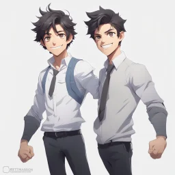 1male, young, assistant, cheerful, facing the camera, center in portrait, arms to the side, standing straight, white background, trending in artstation, anime