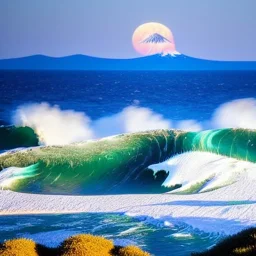 The Great Wave off Kangawa,beach, lighthouse,rocks, fullmoon, mount fuji, by Van Gogh 8k