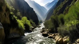 A river flowing rapidly through a narrow canyon, escaping the confines of the mountains, sunlight glinting off the water.