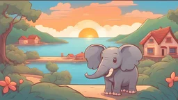 A little elephant in the beautiful village with a beautiful view of the beach, the forest, the two mountains and a beautiful sunset , cartoon, style