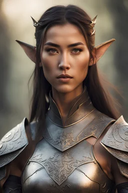 Young warrior woman with Asian eyes, tanned skin, serious look, wearing elven armor, no pointed ears