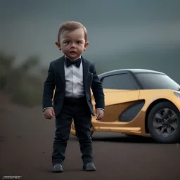 James bond toddler, full body, car, dramatic lighting, hyper realistic