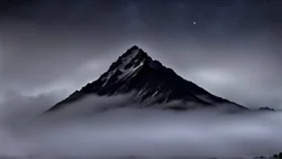 looking up at misty foreground and night sky background, no sun, single sharp narrow mountain peak coming through the mist in the center