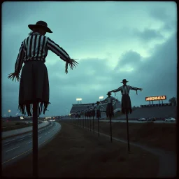 realistic absurd image, grainy photography, a line of posts that hoist eerie Scarecrows dressed in black and white striped referee uniforms looming high above a highway on way to "ARROWHEAD" football stadium in the distance, night, stadium lights, dramatic,