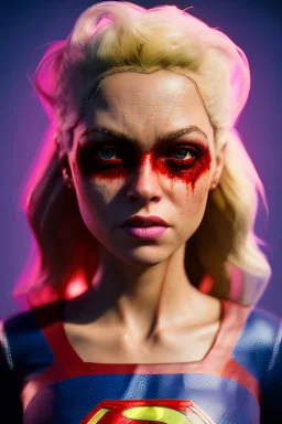 portrait, sweet Shakira, make-up, angry, Realistic image, retro pop, 60s, supergirl, lycra, tights, minimal, blood, sweat, Color background, photo studio, concept art, smooth, unreal engine 5, god lights, ray tracing, RTX, lumen lighting, ultra detail, volumetric lighting, 3d, finely drawn, high definition, 4k.