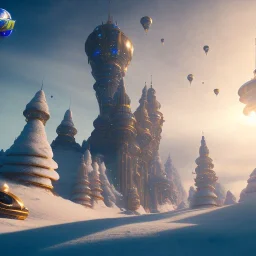 Spaceship landed on snowy mountain, sunny day. clear blue sky. gold. Elegant. Extremely detailed. Award winning photography. Fantasy. 8k. Cinematic lighting. Photorealistic. Dynamic lighting. Imperial colors. Crisp quality. Unreal Engine. Colourful cinematic postprocessing. Pixar. VRay.