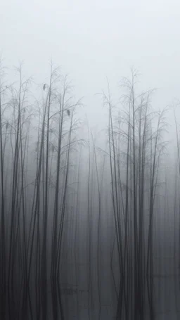 Field of bamboos gray trees in the swamp , dim light , foggy, sad, Bruegel painting style , cloudy, atmosphere,