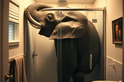 surreal photograph of a massive elephant uncomfortably contorted in a small stand-up shower in a suburban bathroom, elephant is too big and has to hunch over his head touching the ceiling and his bulk pushed up uncomfortably against the shower glass door