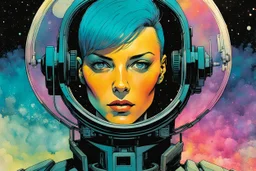 create an imaginative amorphous female extraterrestrial cybernetic time traveler with finely detailed facial features, butch cut hair, at the helm of an interstellar jumpship , in the comic book art style of Bill Sienkiewicz, Mike Mignola, and Jean Giraud Moebius, finely textured, drawn, colored, and inked