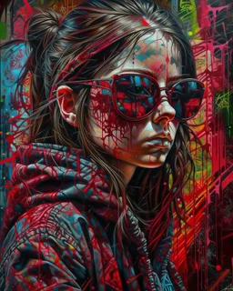 close up, full color painting of squatting cyberpunk girl, sunglasses, high heel shoes, perfect hourglass figure, (((Graffiti art) (by Carne Griffiths))), red wall background, insane details, intricat Modifiers: highly detailed Award winning photography fantasy 8k photorealistic beautiful poster award winning imperial colors fantastic view ultra detailed 4K 3D colourful very cute cinematic postprocessing acrylic art Craig Rutkowski