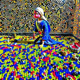 "Girl with a Pearl Earring" famous painting with scattered LEGO toys on the floor.