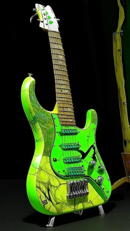 A lime green cybernetic guitar painted by Vincent van Gogh