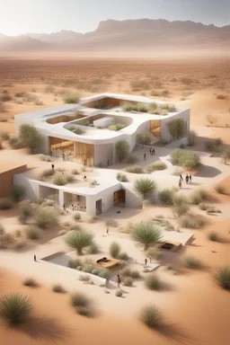 could you please create a visual image for an design project of different areas in a Holistic and Sustainable R comunal Spaces, Education and Job Training Centers, Integration of Mental Health Support' in a desert