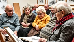 Elderly pensioners in a "life drawing" class. Photographic quality and detail, award-winning image, beautiful composition.