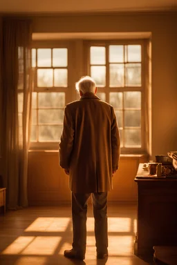 long shot of a full body of an old sad man, with gray hair wearing a brown jacket, his back turned to the camera, standing by a window in his room. The room is illuminated by gentle sunlight filtering through the window, creating a warm and nostalgic ambiance.