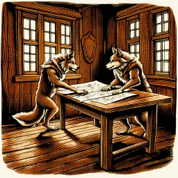 two anthropomorphic wolf stand around the old wooden table. They studying two map which features markings drawing are visible. one map lies down on big wooden table, one map holds his paws, older wolf a gnarled tree leans on a stick, in background the room's massive wooden walls, one little window, high realistic, detailed, cinematic mood