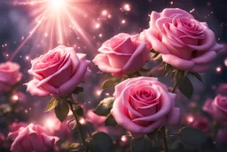 pink roses, intense color, , magical atmosphere, ray of sun, sparks of light everywhere