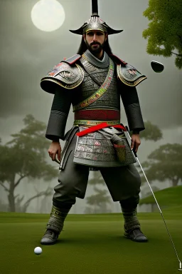 Mo1st_cr1t1kal, Charles White, full portrait of golf samurai gaspunk, high detail, volumetric lighting, tiny features, intricate detail, volumetric clouds