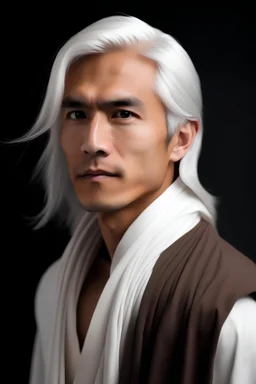 Portrait of young tan skinned male in flowing clothing with white hair