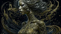 beautiful woman, Black ink flow, 8k resolution, photorealistic masterpiece by Aaron Horkey and Jeremy Mann, intricately detailed fluid gouache painting by Jean Baptiste, professional photography, natural lighting, volumetric lighting, maximalist, 8k resolution, concept art, intricately detailed, complex, elegant, expansive, fantastical, cover, brass and chrome tones