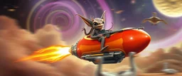 hairy macho gremlin octopus lizard alien couple living in a hi tech marvellous hot dog art graphics rocket with a mounted sling shot, heading for venus stone castle, background motion blur and smoke swirls, and cheeky geese