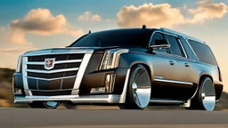 A sleek with livery (((Customized gangsters lowrider cadillac escalade))), its contours and details perfectly captured in a (((cinematic view))), zipping along a winding road under a beautiful blue fresh morning sky