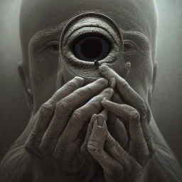 spit out eye from mouth into hand, surrealism, high-quality, fine-detail, intricate, ornate, zdzislaw beksinski, george grie, ben goossens, igor morski, 8k resolution, digital art, volumetric lighting, hands, face, reflection, the future, agony, muted, multiple colors, sharp and crisp, greg rutowski