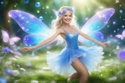 a cosmic beautiful smiling fairy dancer dancing in a magical lawn with a crystal creek and fairy butterfly. She has blue eyes white teeth and a sweety smile