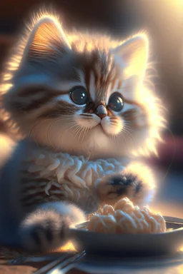 A very cute fuzzy furry chibi cat eating Nikon D850 highly detailed digital painting elegant Award winning photography intricate 4k very attractive beautiful fantastic view 4K 3D crisp quality Unreal Engine hdr cinematic postprocessing acrylic art in sunshine