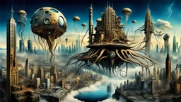 a stunningly weird image of a futuristic metropolis using Salvador Dali's paranoiac-critical method, where buildings and structures appear to melt into the skyline cityscape is filled with floating medusas and mad, twisted metal shapes that interact with the buildings and each other, forming a surreal tableau of a dreamlike reality. neu-steampunk vibe, essence of the scene in a cinematic manner, with dramatic shadows that enhance the distorted perspectives and bizarre mood