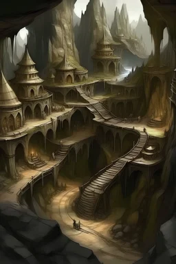 The kingdom of Darv is a network of underground passages and enormous caves that can span up to several kilometers, wherein the Dwarven race resides. darves a large cities underground which are all connected to different caves, it had many elevations and ramps and stuff houses forged out of litteral rocks but u can see some houses made out of normal material as well