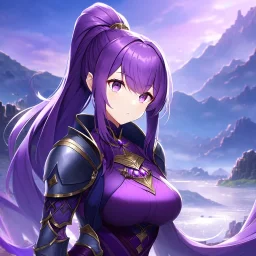 girl, masterpiece, best quality, cinematic lighting, detailed outfit, perfect eyes, purple hair, purple eyes, long hair, ponytail, landscape, in a fantasy world with purple hair, purple eyes, and an armored outfit with dramatic lighting, detailed background,