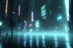 Night, Gotham city, dark, FOG, unsafe, rain, high level of detail, high definition, blue neon, blue lights, blender 3d